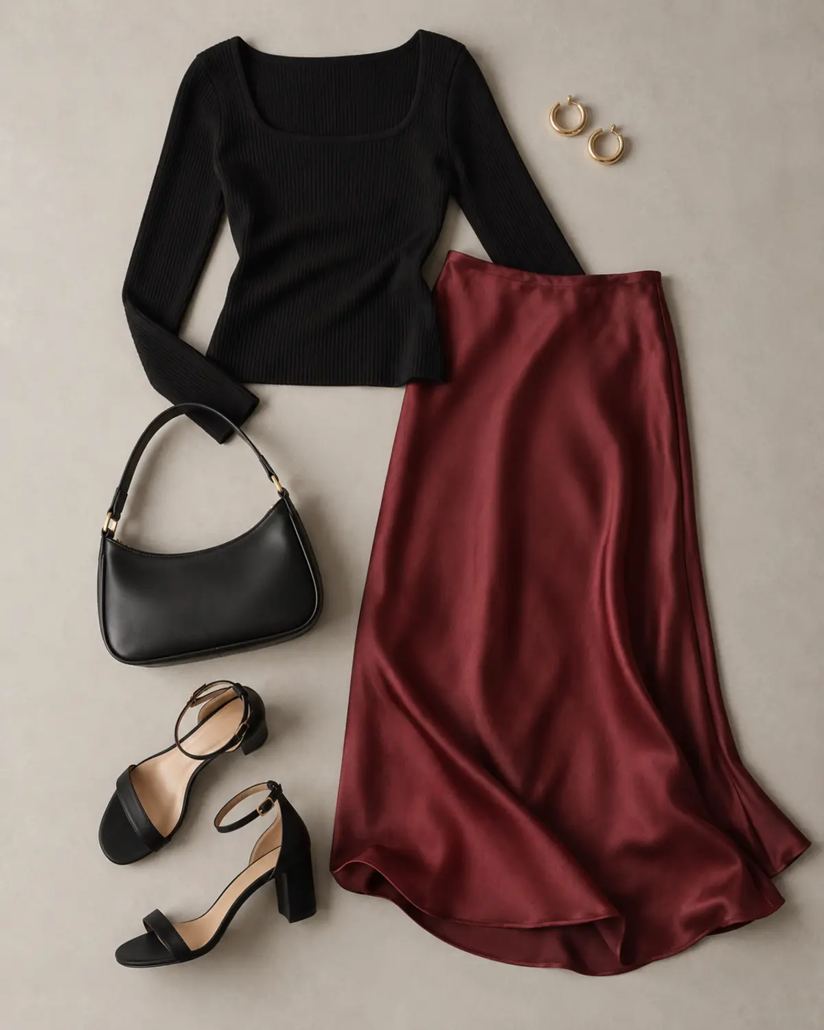 Black knit top with a burgundy satin skirt, black heels and bag, and gold hoop earrings