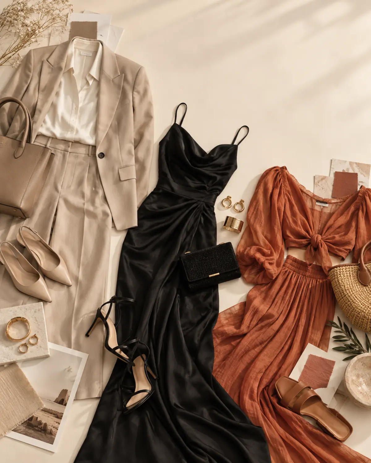 Editorial moodboard with neutral workwear, a black evening look, and a terracotta resort outfit