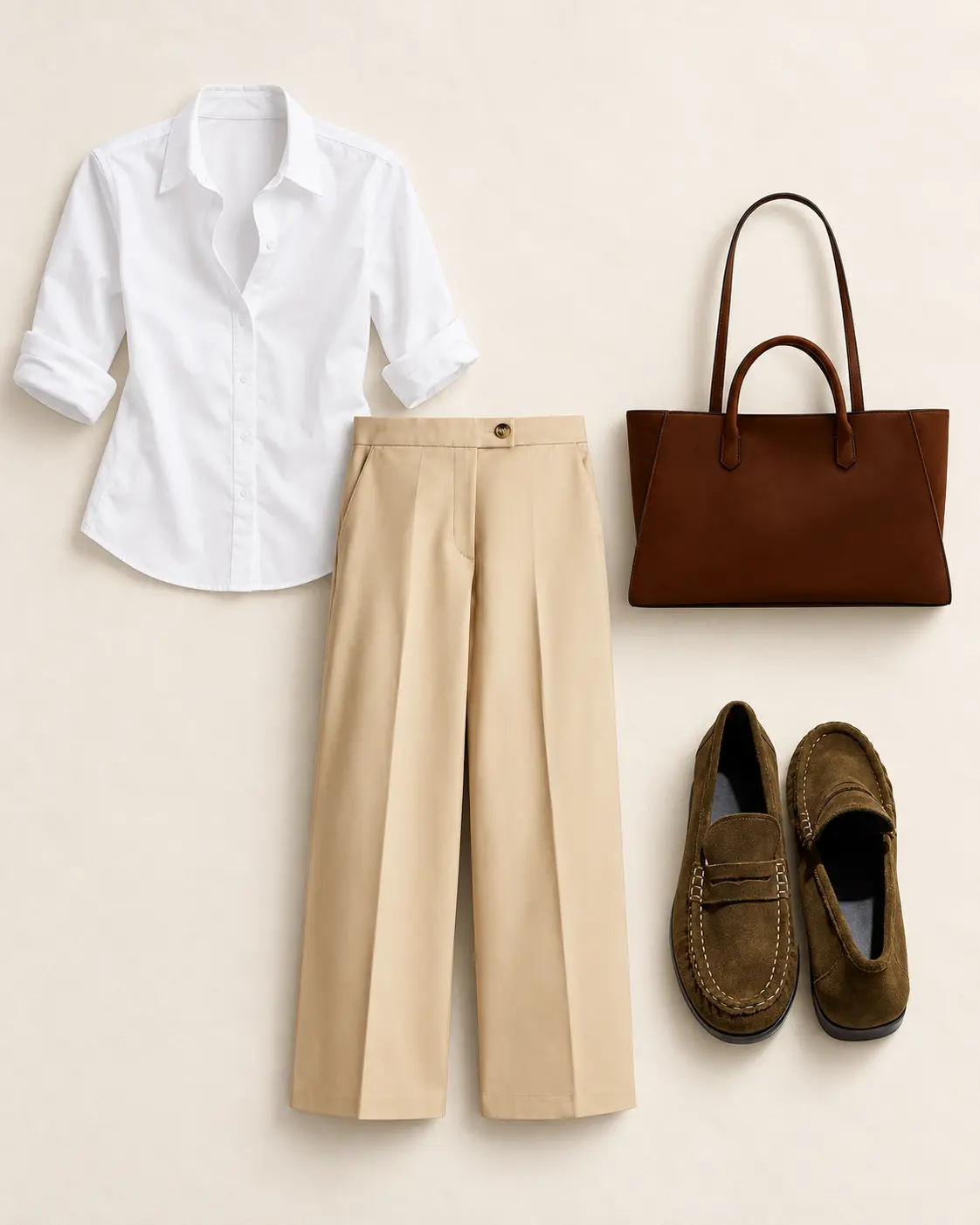 The easy neutral office formula editorial outfit flat lay