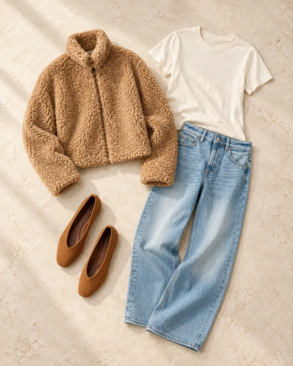 Petite proportions, cozy layers editorial outfit flat lay