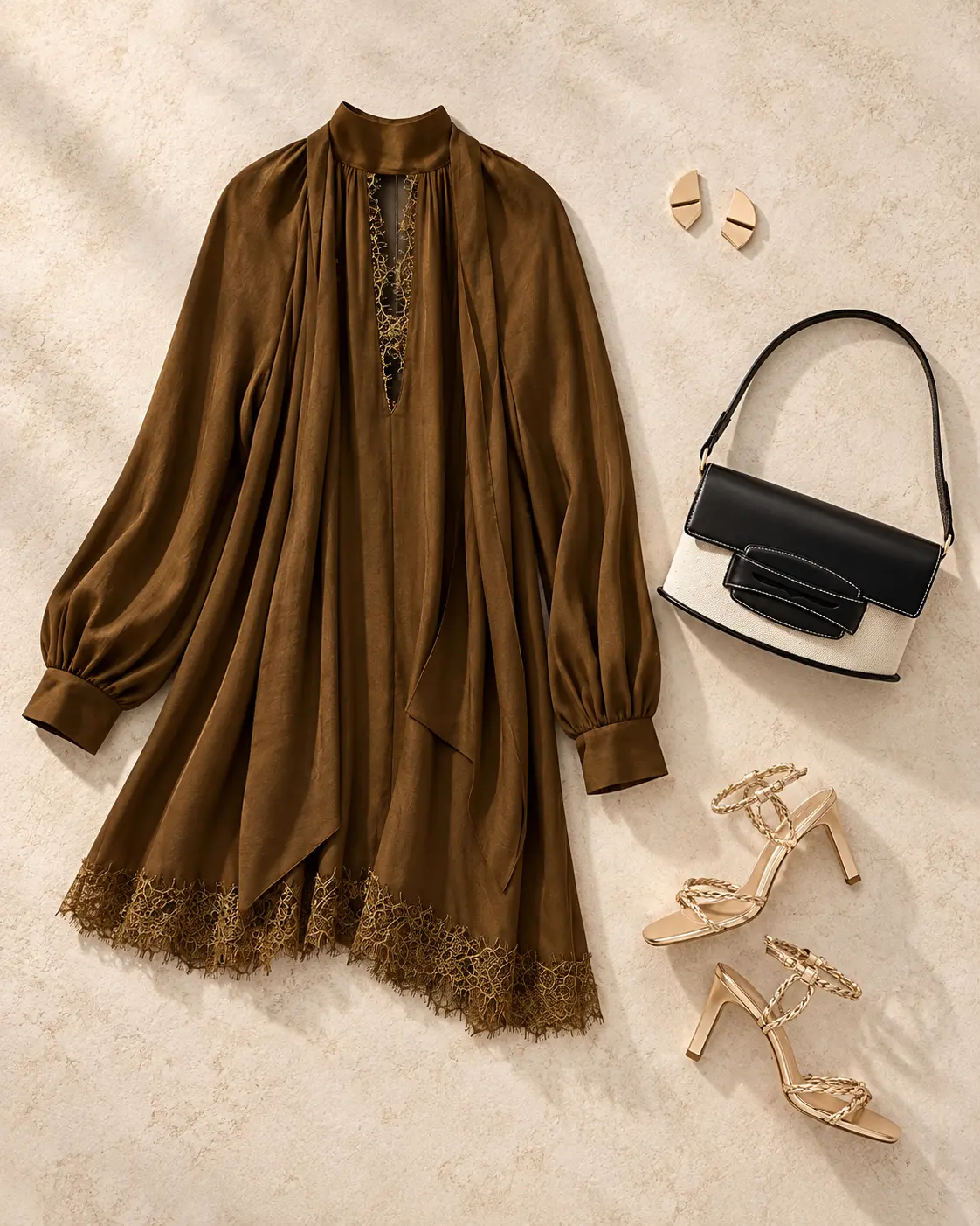Dark olive wedding guest editorial outfit flat lay