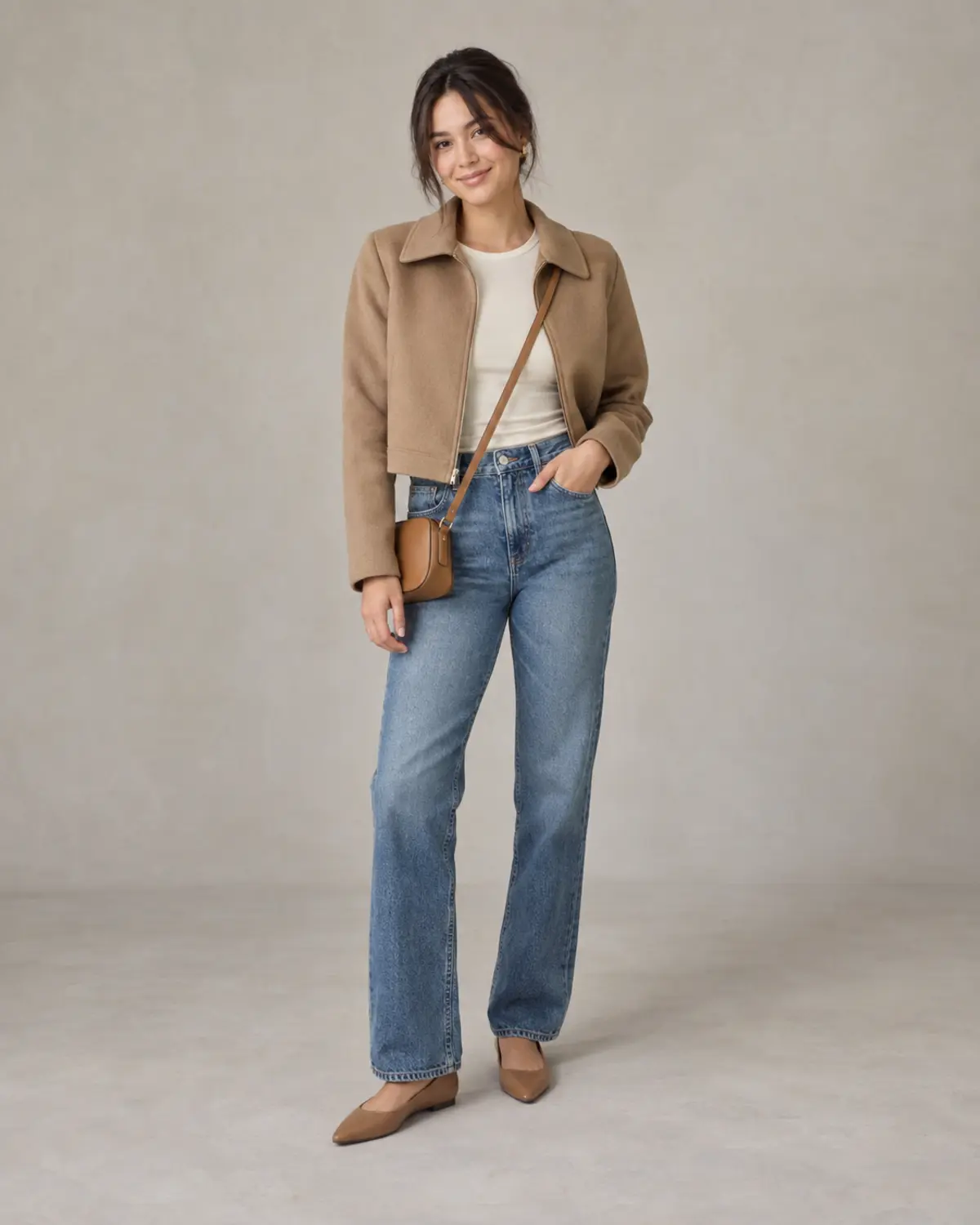 Petite woman wearing a cropped camel jacket, cream top, high-waisted jeans, flats, and a small crossbody bag