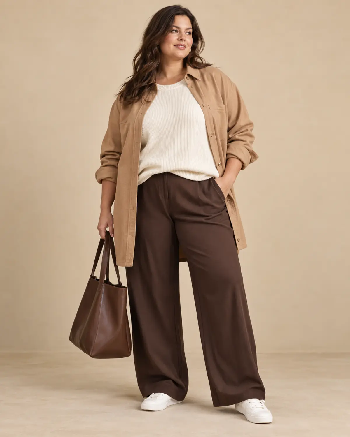 Plus-size woman wearing chocolate trousers, an ivory knit, camel overshirt, white sneakers, and a brown tote