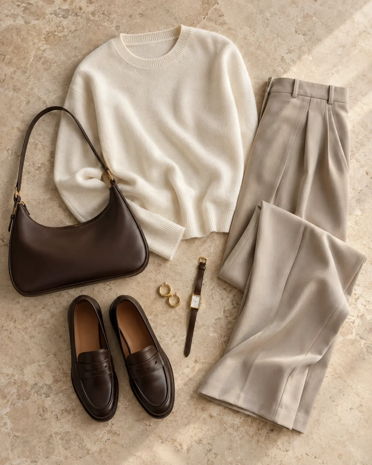 Ivory sweater, stone trousers, chocolate loafers and shoulder bag, watch, and gold earrings