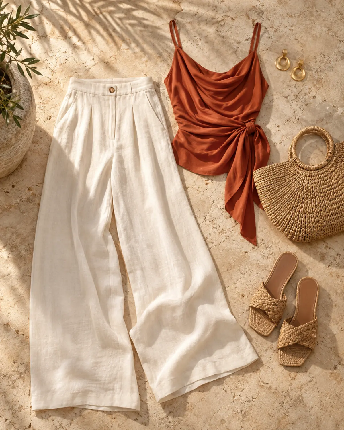 Ivory linen trousers with a terracotta top, woven sandals, raffia bag, and gold earrings
