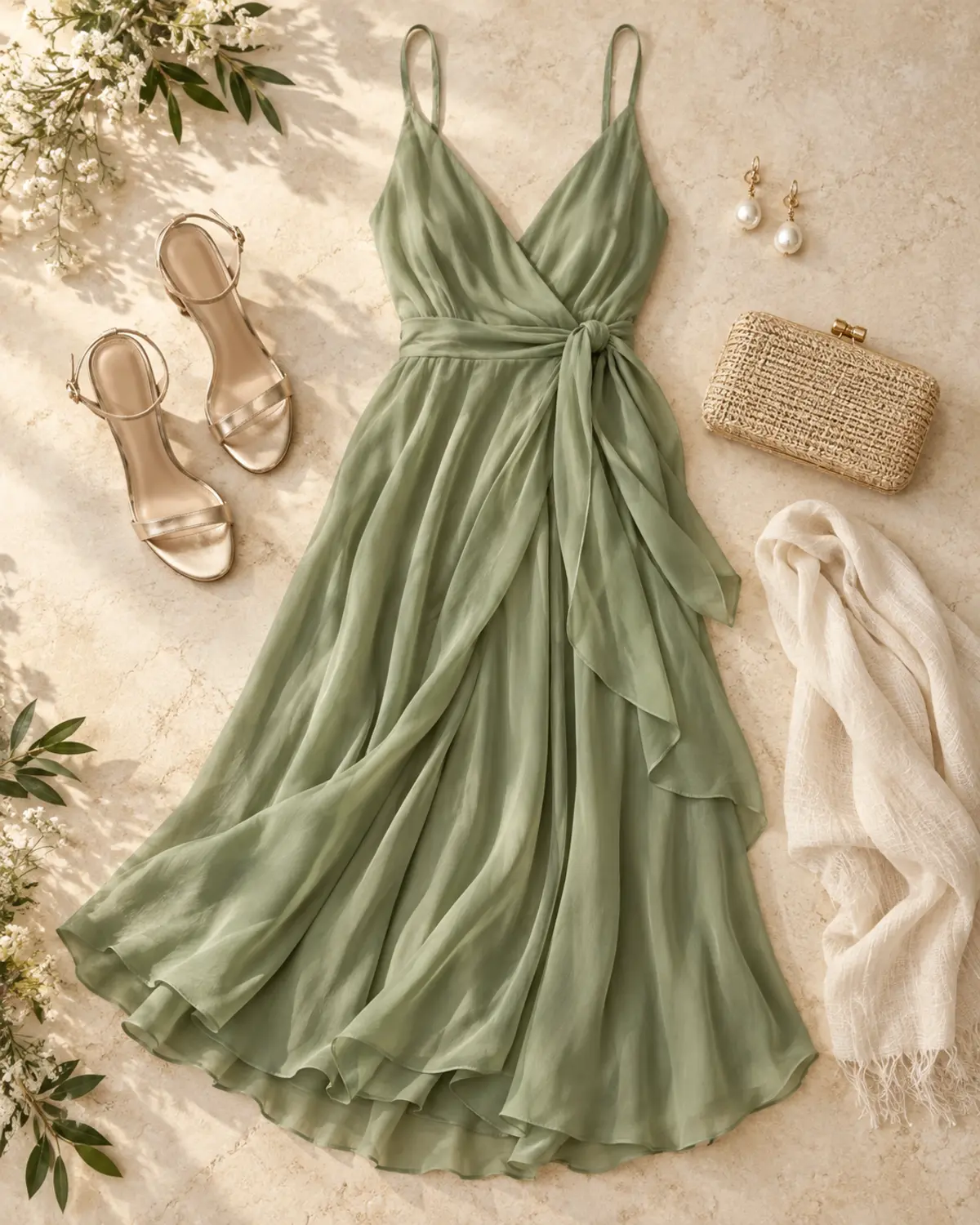 Sage green wedding-guest dress with champagne sandals, woven clutch, pearl earrings, and a light wrap