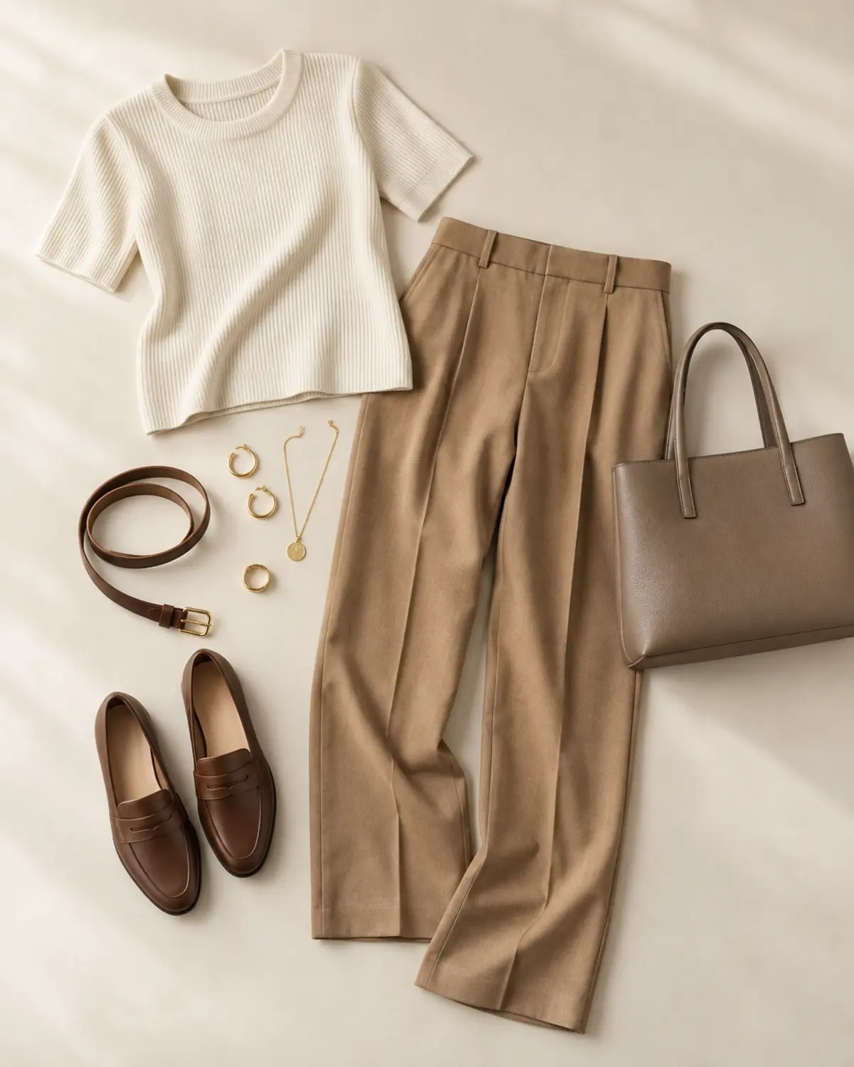 Cream knit top, camel trousers, brown loafers, belt, jewelry, and taupe tote arranged as a work outfit